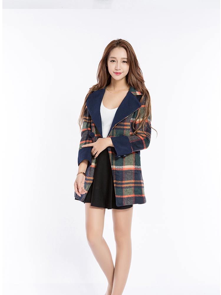 卡微娅 2015新款秋冬女装格子羊毛呢子大衣韩版修身款毛呢外套大码