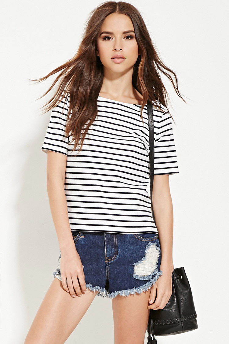 forever21 拉链开叉条纹全棉短袖t恤 白色/黑色 s