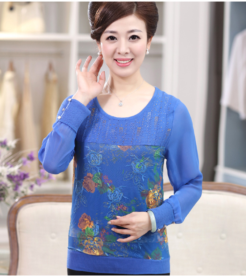 香颜新款妈妈装针织打底衫衫中老年女装宽松纱袖雪纺t恤衫上衣春装 深