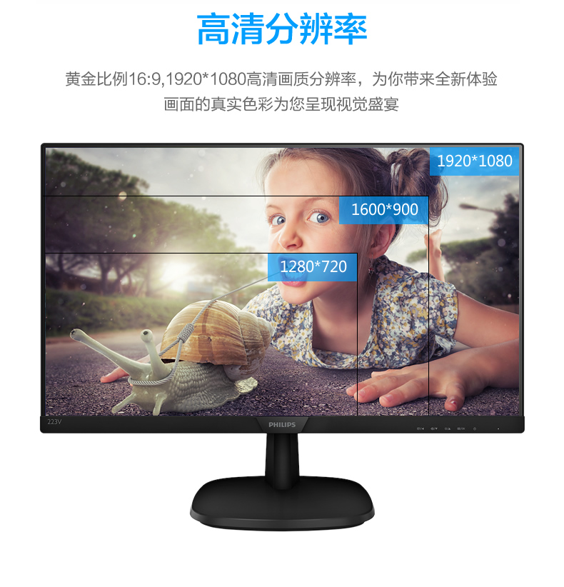 飞利浦（PHILIPS） 223V7QSB 21.5英寸IPS屏窄边高清办公电脑液晶显示器 支持壁挂 DVI+VGA