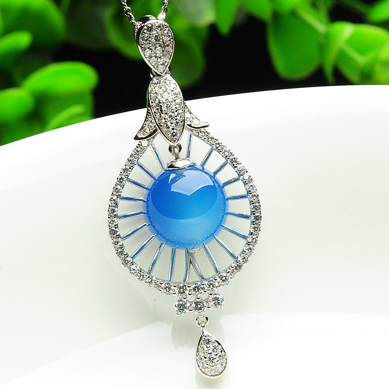 兴峰 银镶蓝玉髓吊坠 镂空玉石女款项链