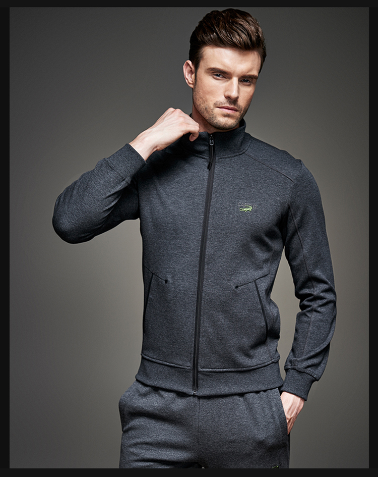 cartelo卡帝乐鳄鱼2015秋冬运动休闲立领纯色开衫卫衣男大码外套 浅