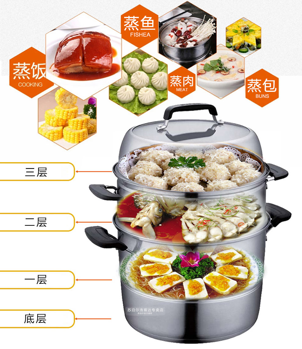 
                                        苏泊尔（SUPOR） 304不锈钢蒸锅26cm三层复底不串味汤蒸锅电磁炉锅具SZ26E1                