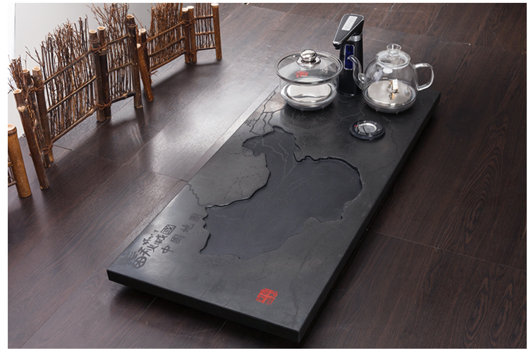 乌金石茶盘茶台家用整块黑金石天然原石茶海大号石茶具套装排水地图