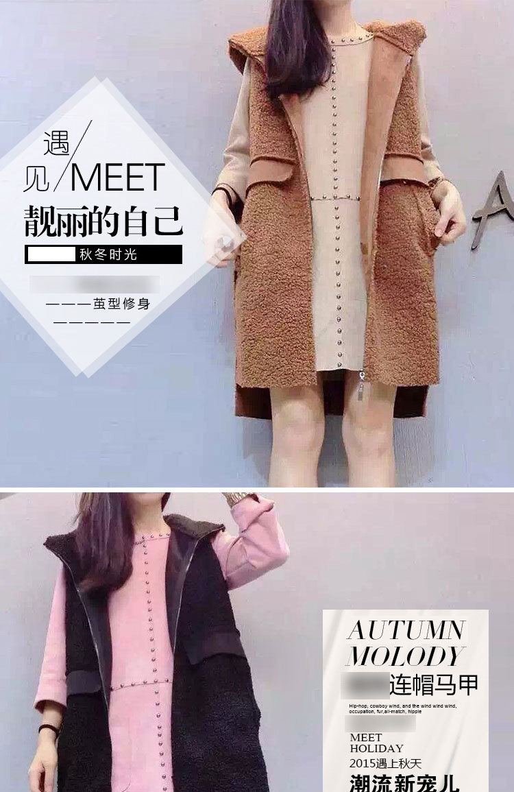 傲丽奇 2015新款秋冬韩版修身显瘦中长款羊羔毛绒无袖连帽背心马甲女外套 AQ1936 黑色 M