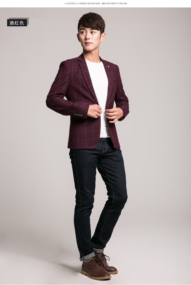 丹杰仕2015秋装新款男装韩版修身格子青年男士休闲男士西服 酒红色