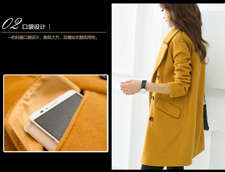 珞橙 2015秋冬新款中长款加厚毛呢外套女 韩版修身毛呢大衣大码呢子大衣女 黄色 L