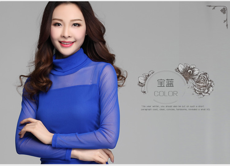 茹森蔓  2016秋季女款t恤性感蕾丝网纱圆领打底衫糖果色长袖低领薄款纱衣  638 黑色 L