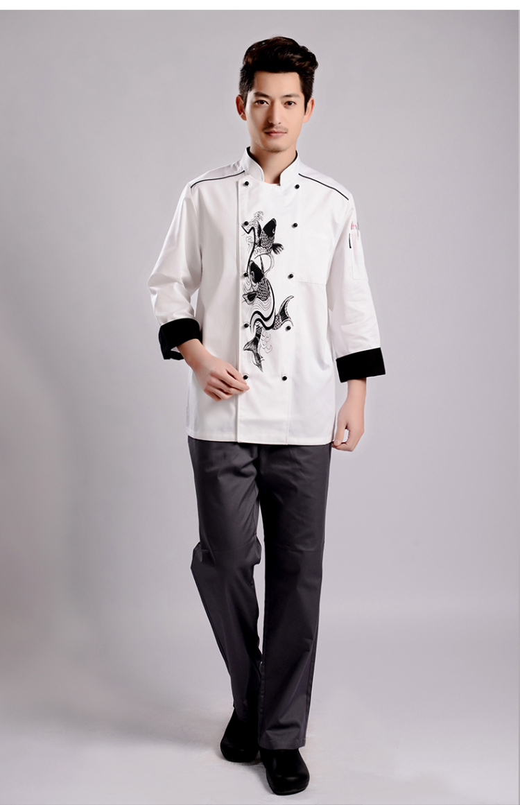 中国风厨师服长袖白色酒店装 厨师工作服男款长袖茶楼工服 白色 190