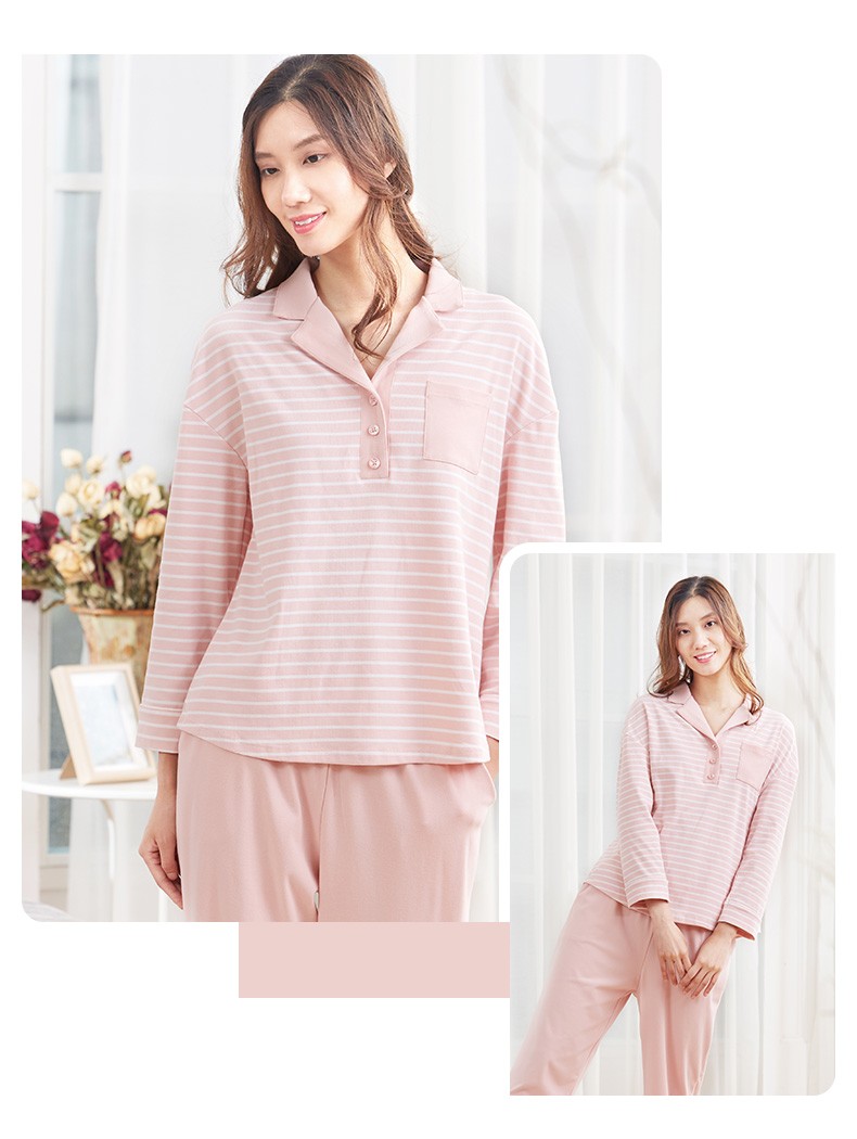 铜牛秋季bless系列棉氨翻领女居家上女士条纹拼接翻领套头睡衣家居服