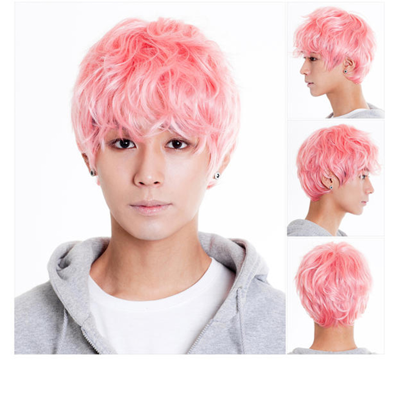 珺美(jun beauty) 假发cos男帅气粉色蓬松粉红色短卷发 樱花粉 五件套