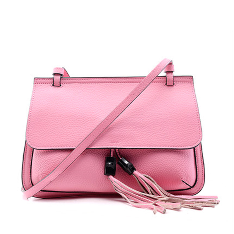 flipped斐莉德 荔枝纹纯色休闲女包流苏装饰头层牛皮斜挎背包 玫红色