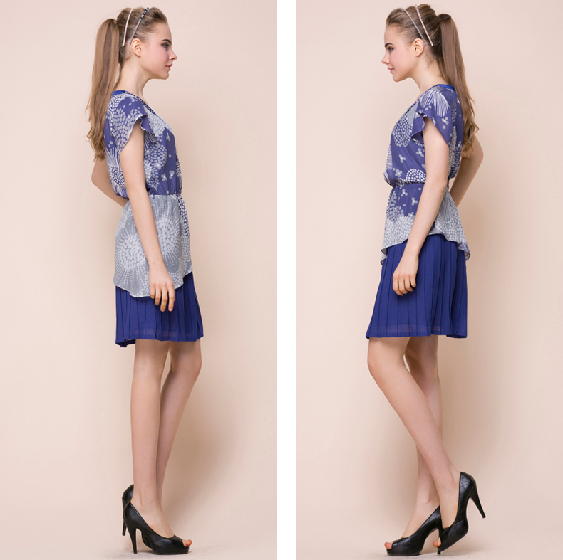 buoubuou邦宝女装 专柜正品春夏女时尚假两件抽象印花百褶连衣裙 深