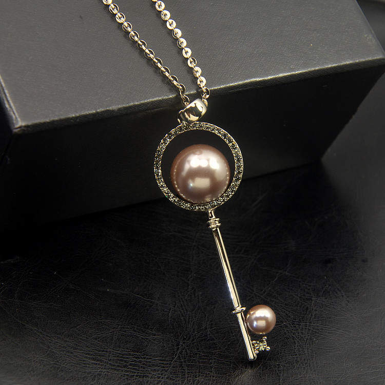 玉森林钥匙珍珠亮钻百搭毛衣链长款项链挂件配饰