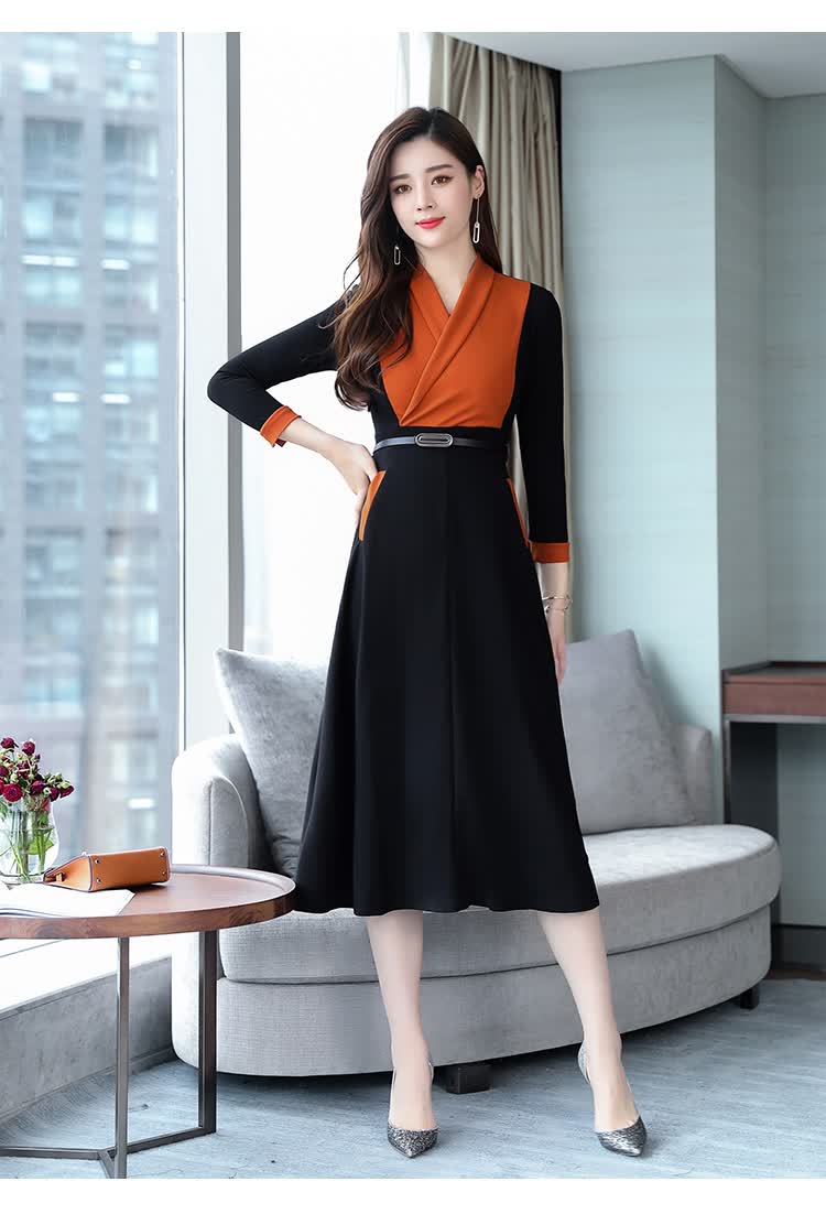 fubixian 长袖连衣裙中长款秋季女装新款韩版气质修身收腰过膝长裙