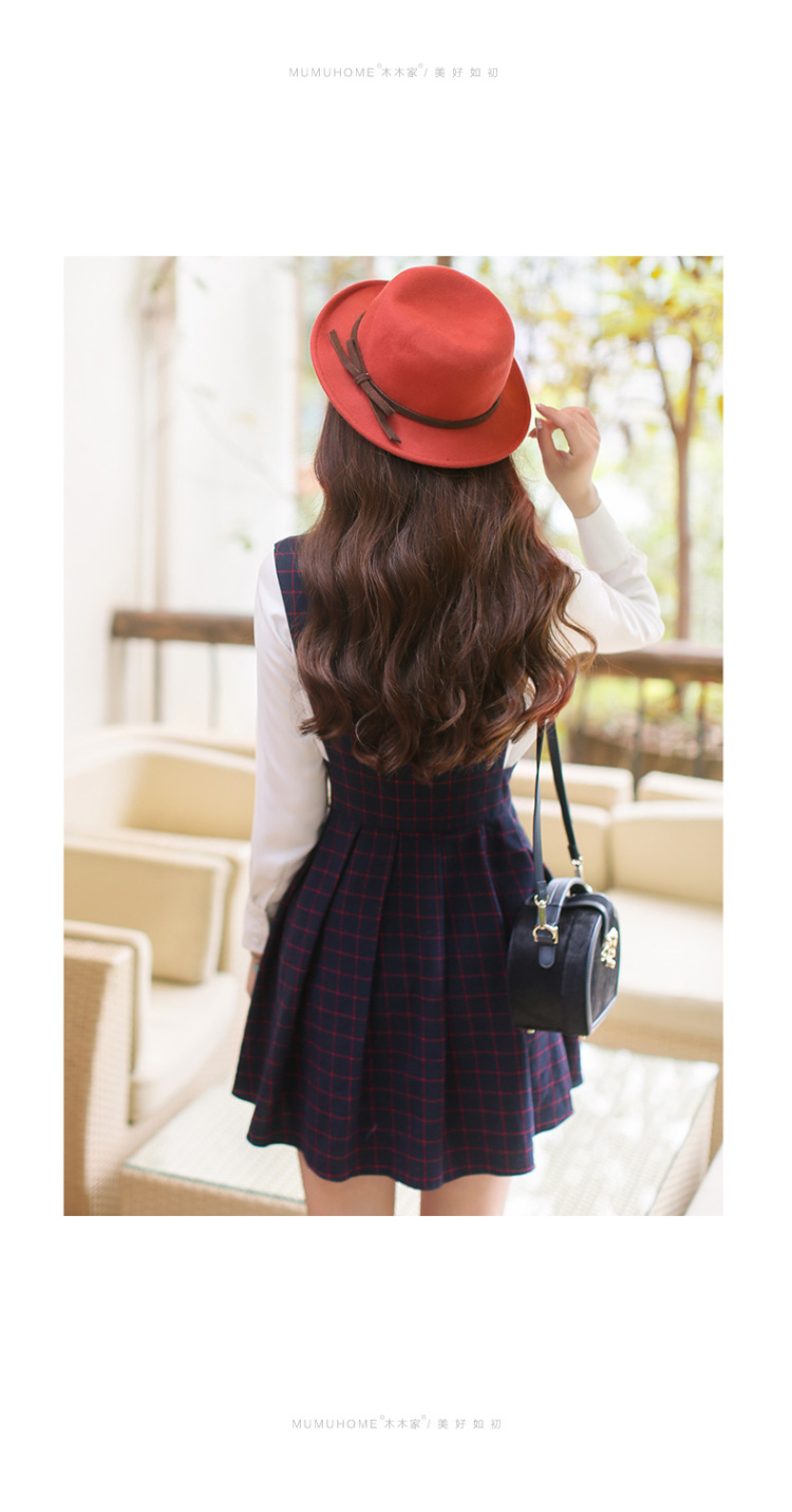 Mumu Home2016春装新款日系学院风甜美格纹修身V领无袖连衣裙 深蓝色 XS