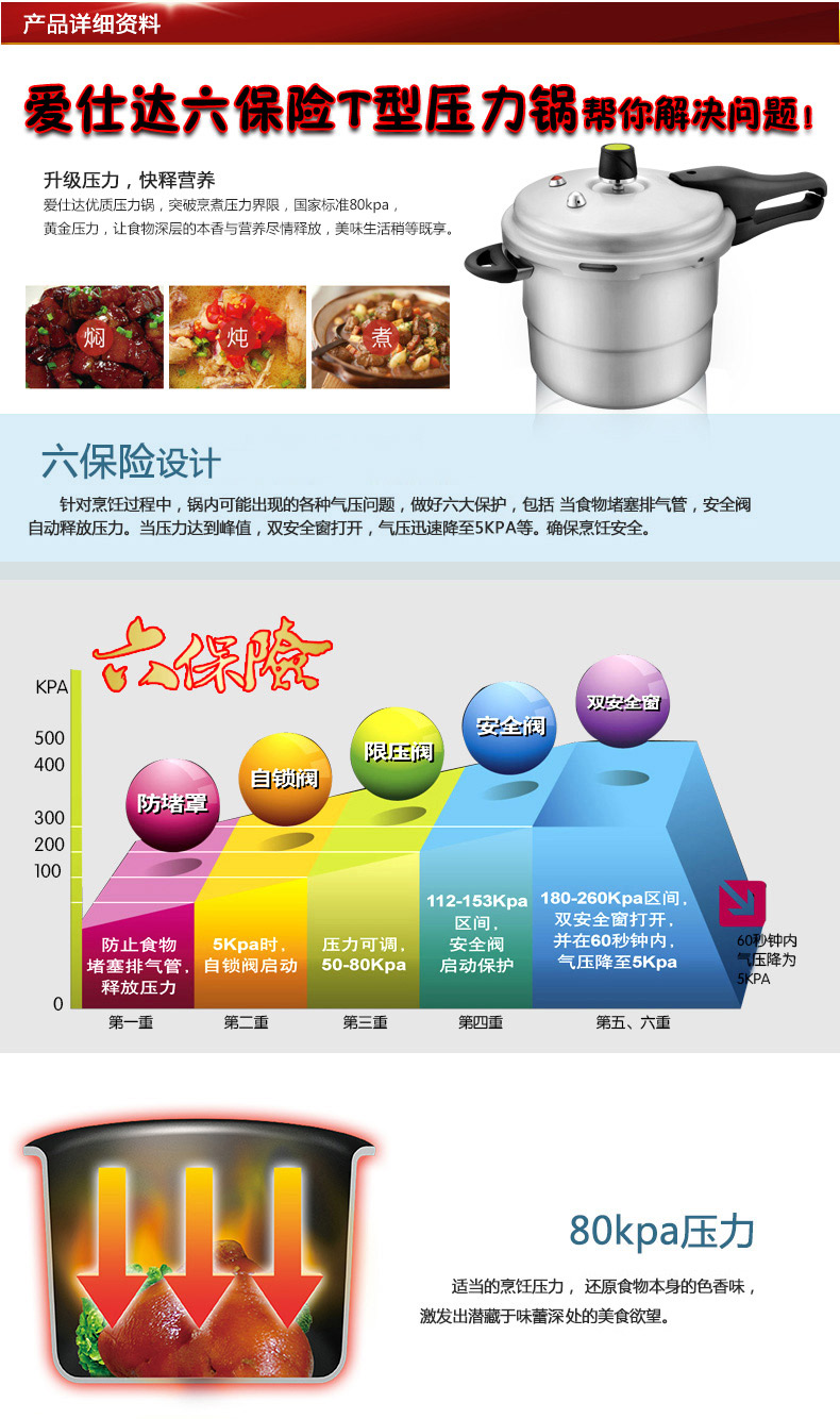 
                                        爱仕达（ASD） 高压锅8L 六保险T型压力锅24CM带蒸格燃气灶专用JXT7524                