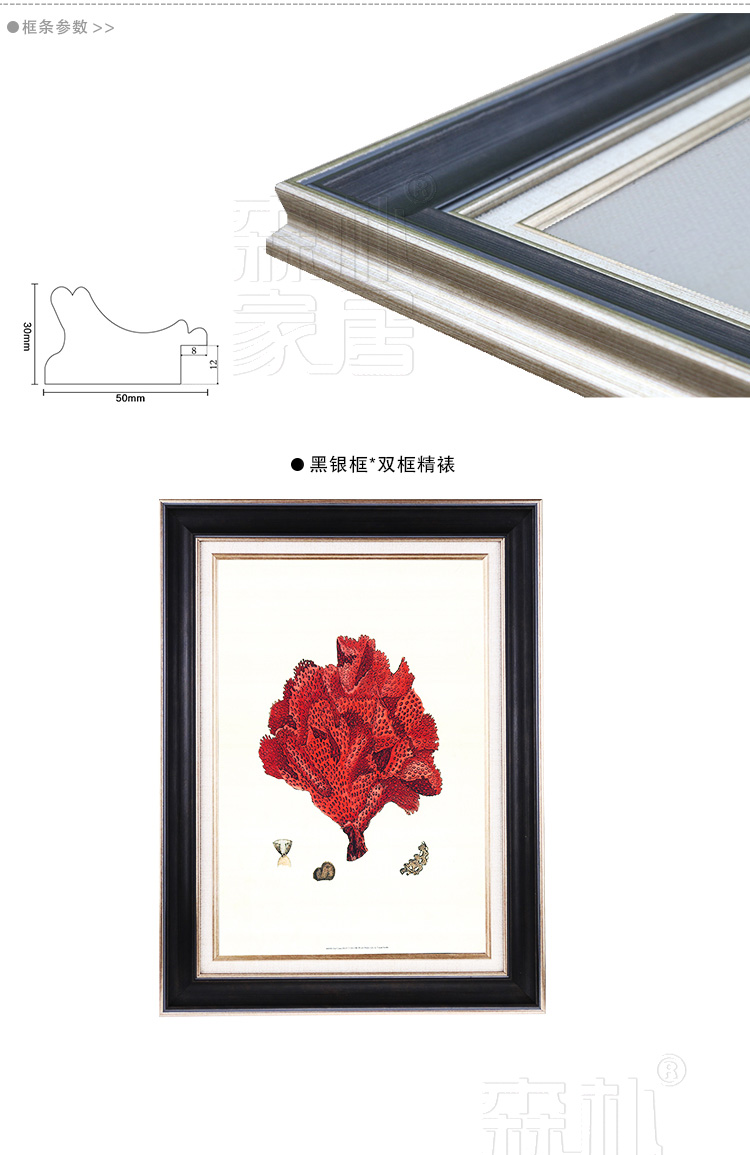 
                                        森朴 欧式有框画简欧简约客厅沙发背景墙装饰画 美式现代挂画书房壁画红色珊瑚 白银框ACD3件套 45*60                