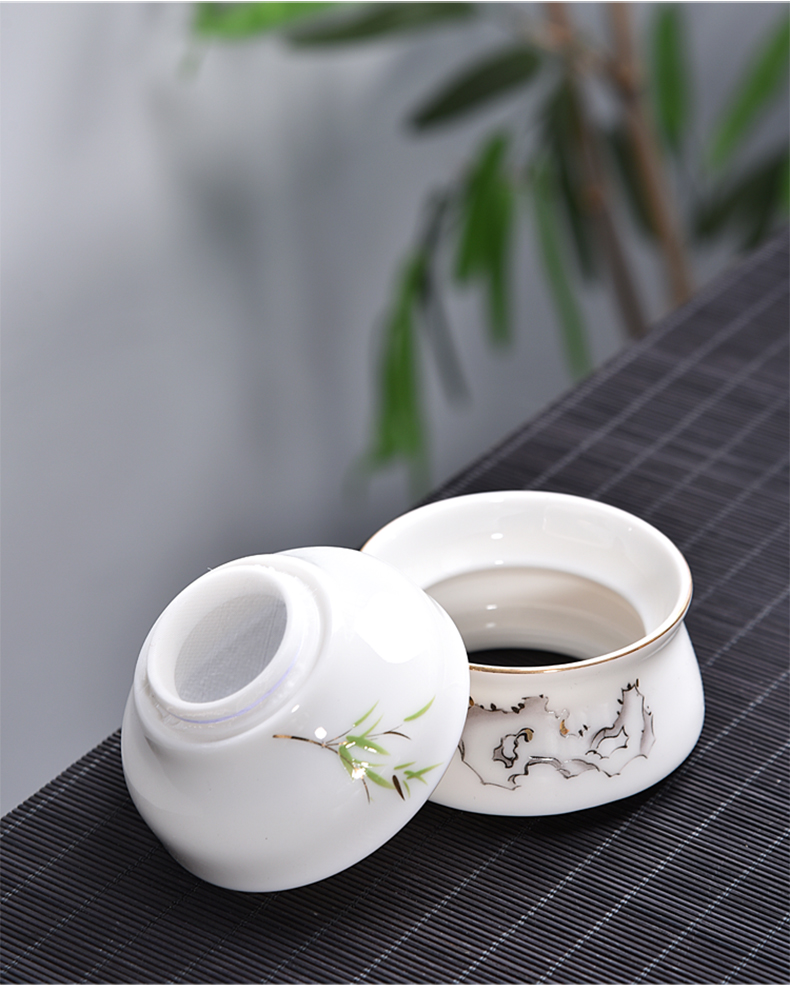 容山堂固德 白瓷手绘茶漏茶滤 泡茶过滤网茶托架套装功夫茶具配件 白
