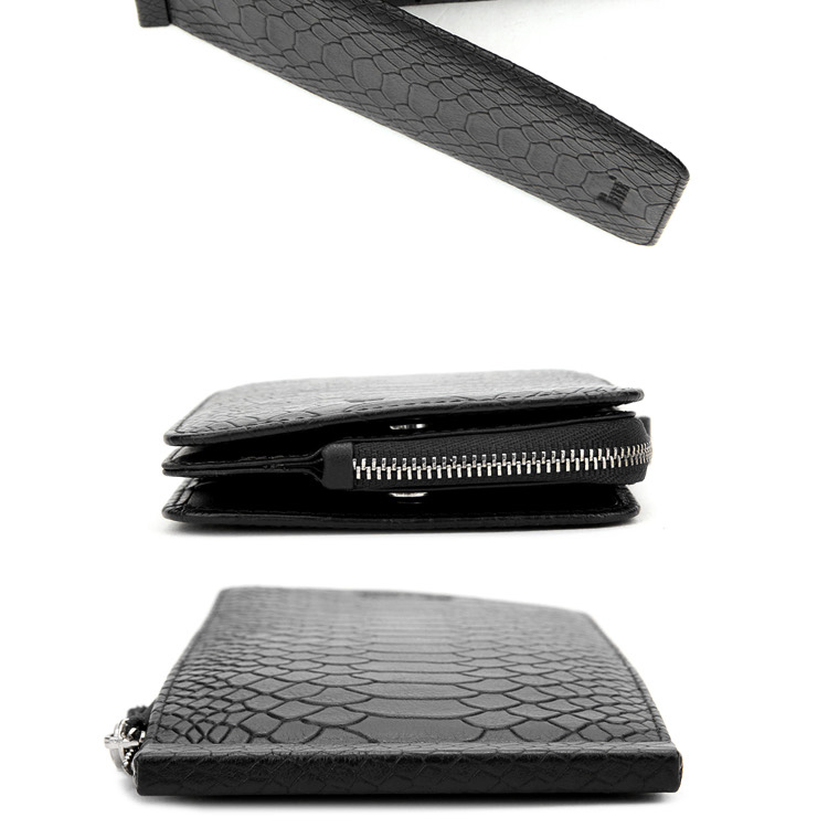贝尔男士蟒蛇纹牛皮多功能单拉链长款卡包 黑色73882