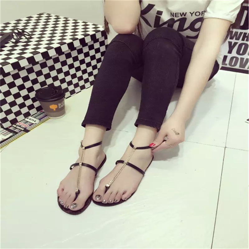 步莱尼 2016春夏季新款平底夹趾凉鞋女夏学生沙滩休闲水钻夹脚链条