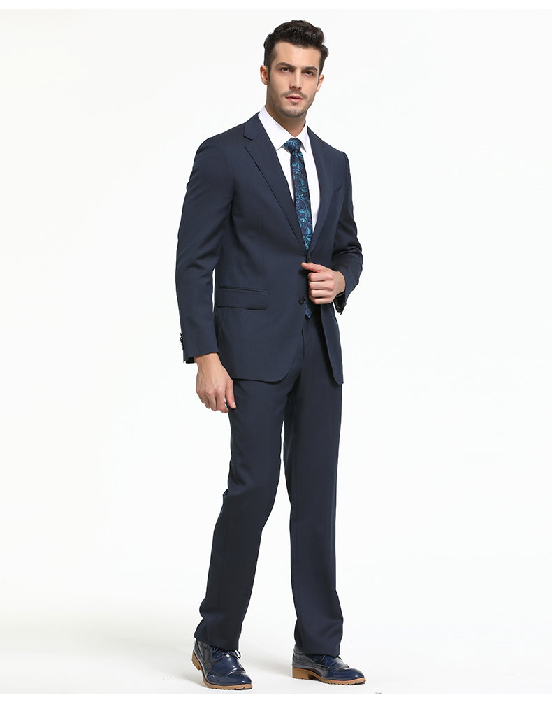 韩版休闲男士西装 羊毛桑蚕丝混纺纯色西服两件套 藏蓝色 175/50b_ 3