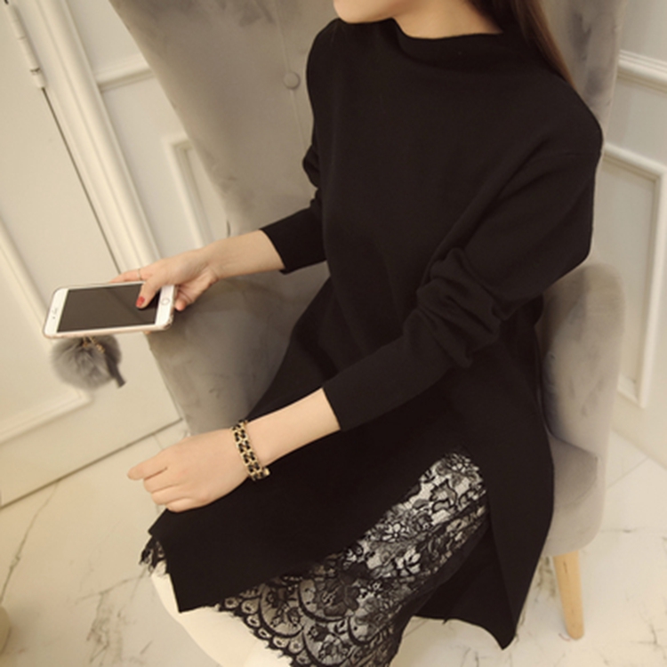 泪怡LY2016春季女装新品针织衫女春 韩版蕾丝拼接开叉中长款打底连衣裙毛衣女 8283 粉红色 均码