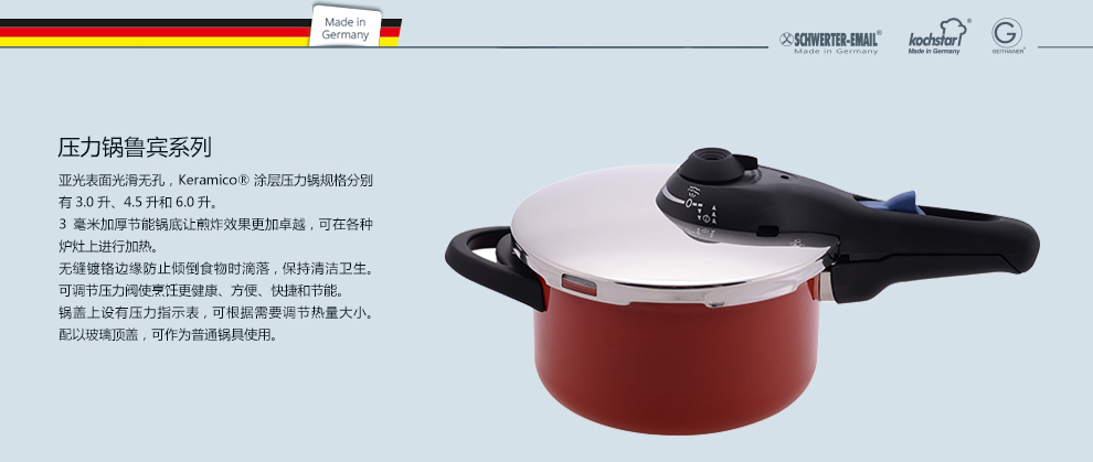 Kochstar考斯达 德国进口珐琅搪瓷压力指示器高压锅 3L 22cm 珊瑚红