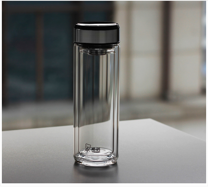 希诺双层玻璃杯男女士茶杯时尚水杯带盖过滤隔热杯子办公杯双层便携