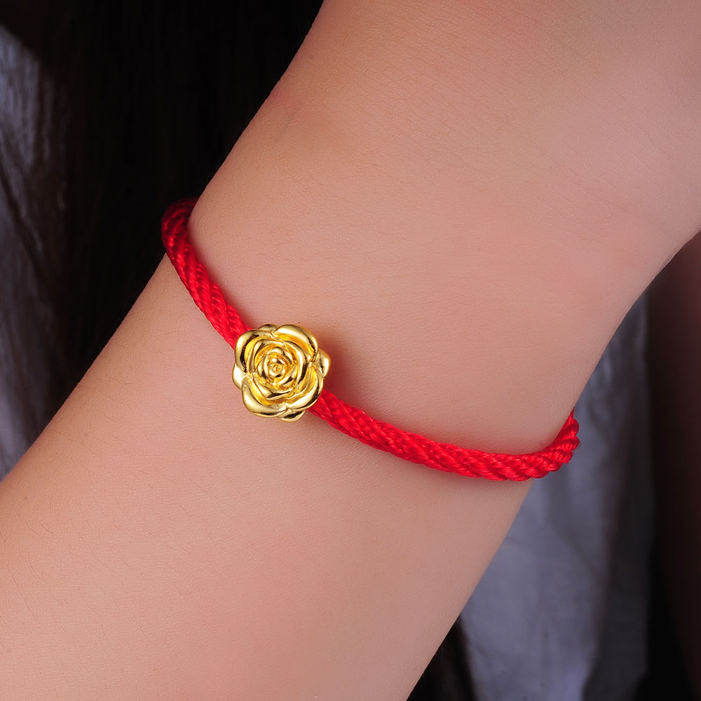 鑫万福黄金3d硬金999千足金玫瑰花转运珠手链 玫瑰花配红玛瑙