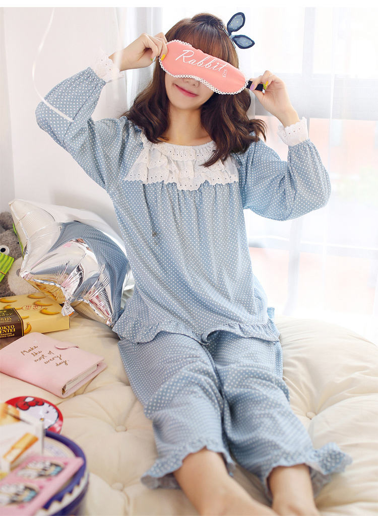 金允儿睡衣女秋季棉质甜美圆点蕾丝边公主风圆领长袖闺蜜家居服套装