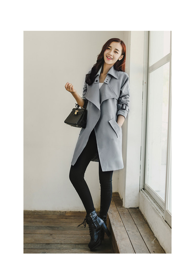 BLANCO LEVRIN2015秋装上新韩版修身中长款系带风衣外套女1950 灰蓝色 M