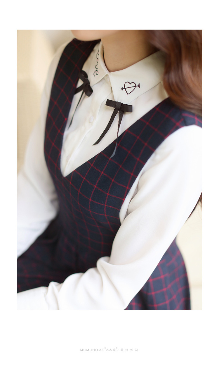 Mumu Home2016春装新款日系学院风甜美格纹修身V领无袖连衣裙 深蓝色 XS