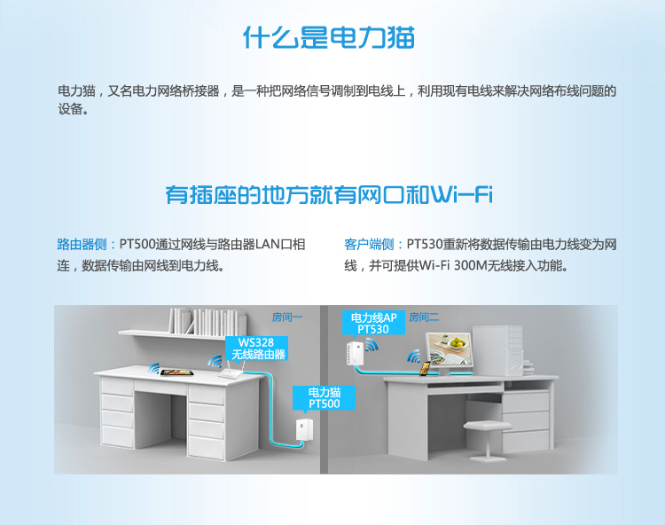 华为HUAWEI PT530+PT500 电力猫 电力线适配器 300M无线套装