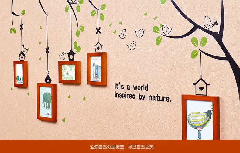 
                                                            全悦实木照片墙 创意绿色小鸟墙贴 相框组合 简约相片墙5QYQT-3 白樱+绿色小鸟墙贴                