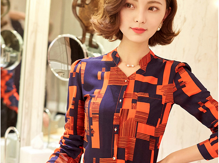 歌温莎雪纺衫女2016春季女装上新款韩版气质时尚撞色印花长袖上衣gxf0