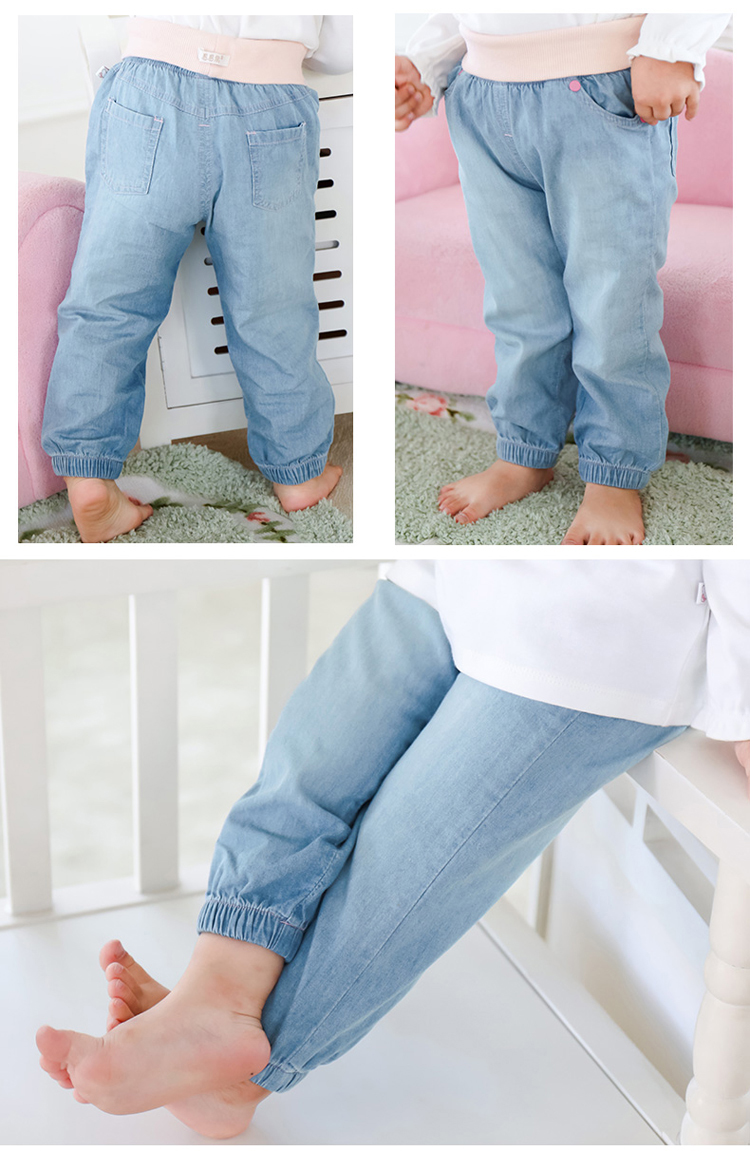 潮无界 女童装2015春秋款儿童牛仔裤宝宝可开裆长裤子 牛仔蓝 120
