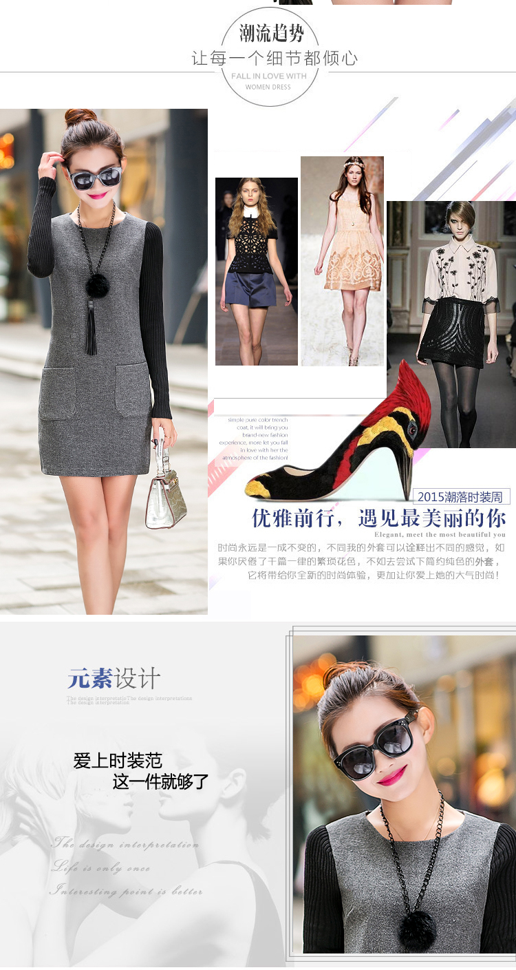 斯姿 2015秋冬新款毛呢加厚女装时尚性感修身长袖针织连衣裙 红色 L