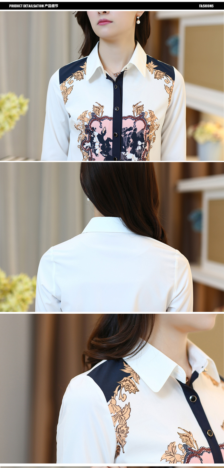 
                                        乔凯利女长袖衬衫韩版印花修身雪纺衫女职业装 OL通勤 白色 M                
