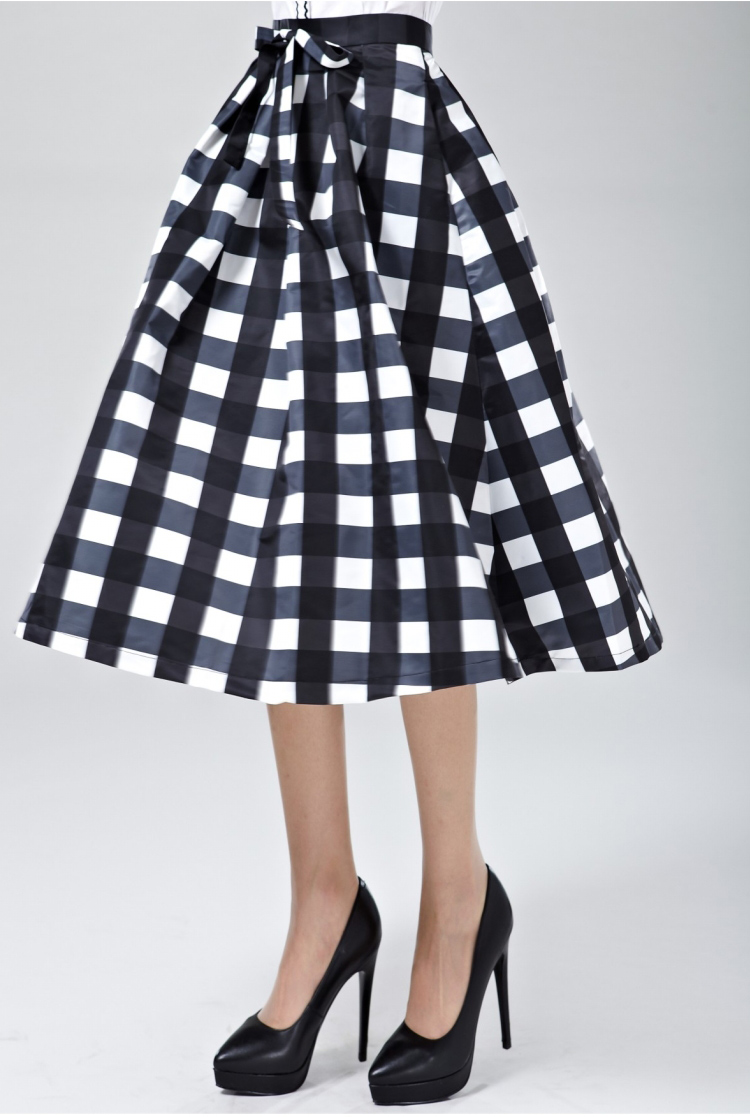 店阿玛施款黑白格子中长款系带收腰a字半身裙百褶大摆裙 黑白格子半裙