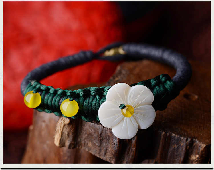 民族风手链 原创饰品手工玉线编织简约玛瑙贝壳花手链女