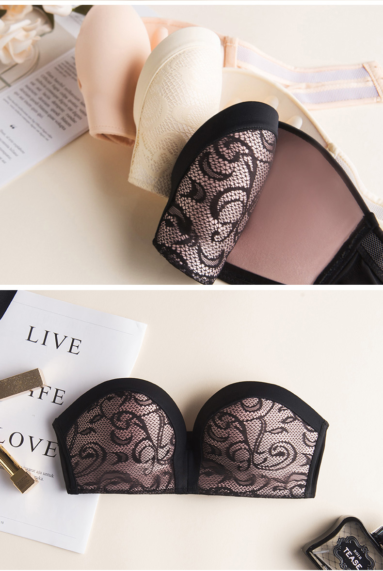 无肩带内衣隐形文胸聚拢防滑上托透气聚拢蕾丝无钢圈防走光防滑裹胸式