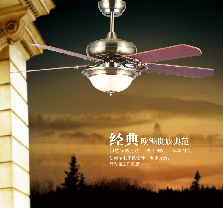 创康吊扇灯 卧室客厅书房餐厅风扇灯电扇吊灯欧式简约带灯风扇古铜色木质扇叶SD102A LED12瓦白色自带光源 遥控