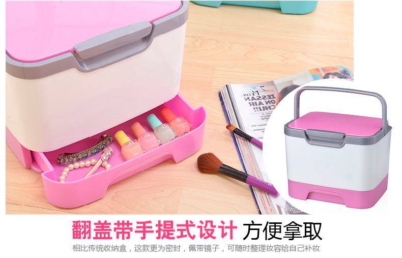 
                                        化妆品收纳盒整理盒 有盖塑料收纳盒 旅行大号带镜子收纳箱化妆包 蓝色                