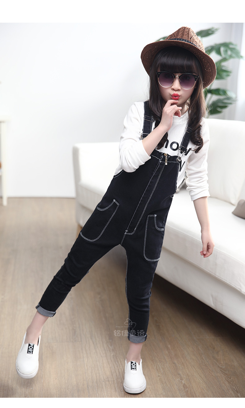 2016新款中大童牛仔裤春装小脚裤儿童长裤女大童装裤子女童背带裤