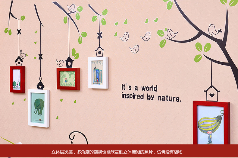 
                                                            全悦实木照片墙 创意绿色小鸟墙贴 相框组合 简约相片墙5QYQT-3 白樱+绿色小鸟墙贴                