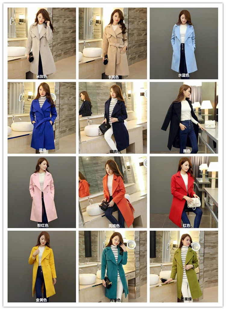 约莉2016春秋新款毛呢大衣女修身韩版中长款毛呢外套女L141 藏青色   L