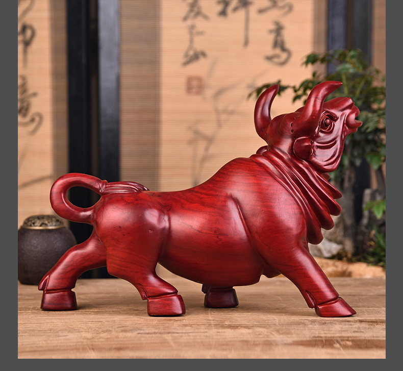晨熟 红木雕牛摆件 实木花梨木 黑檀木牛气冲天办公室摆件 生肖牛质木