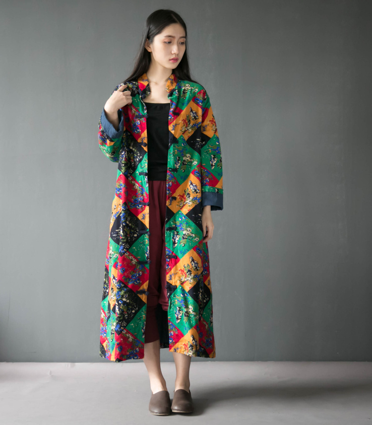 
                                        如素慢衣民族风棉麻女装印花盘扣长款风衣女大衣外套4308 菱形红色 均码                