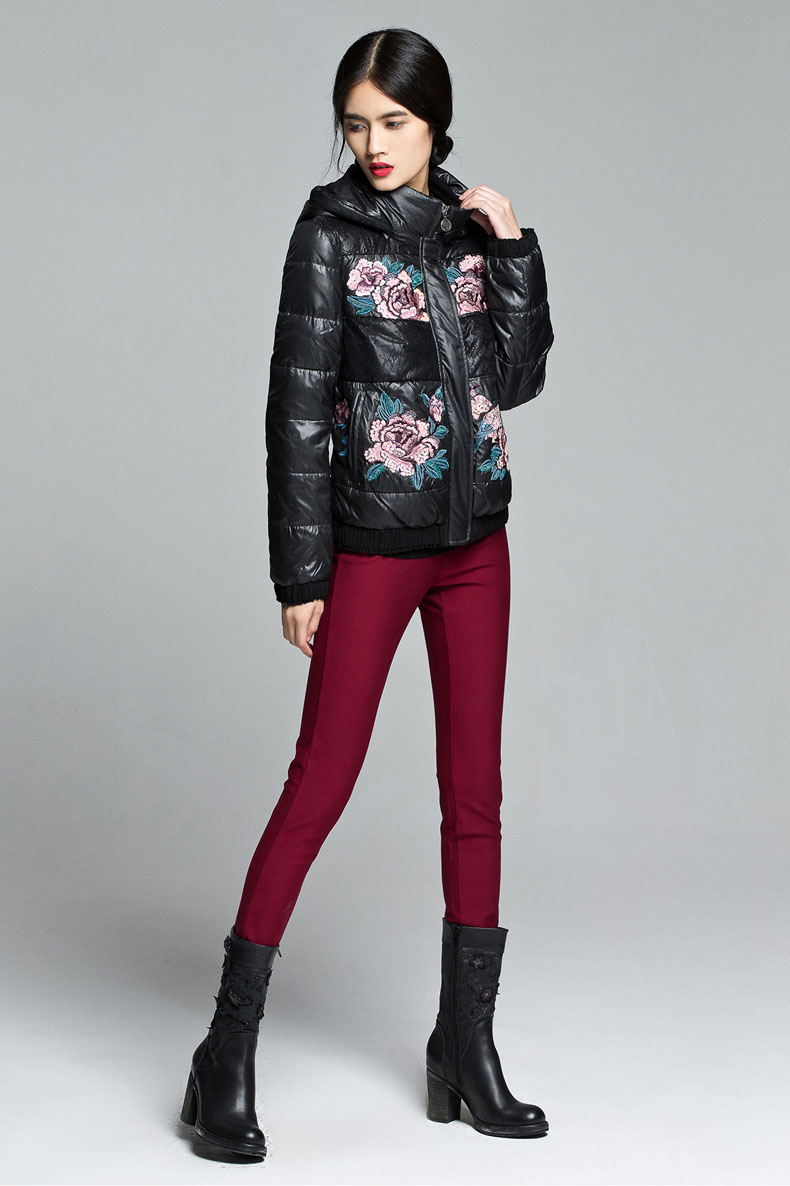 渔牌女装民族风绣花奢华大牌黑色修身显瘦可拆帽羽绒服秋冬装外套